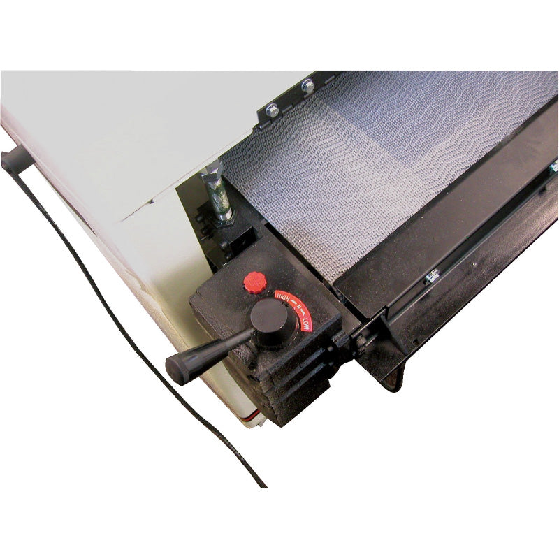 Close-up of a JET DDS_225-T Dual Drum Sander with a focus on the belt and control panel