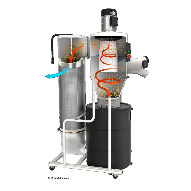 JET JCDC-20-M Cyclone Dust Collector Front view with a black drum with circulation diagram on it